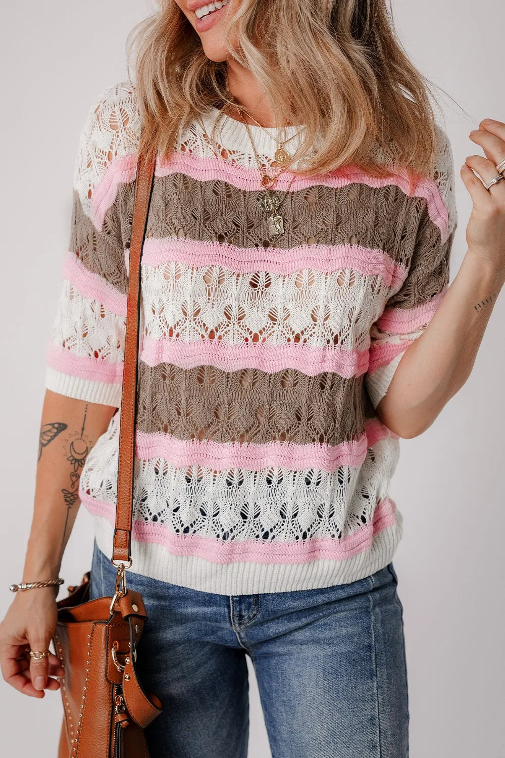Color Block Openwork Half Sleeve Sweater - Draped in Grace