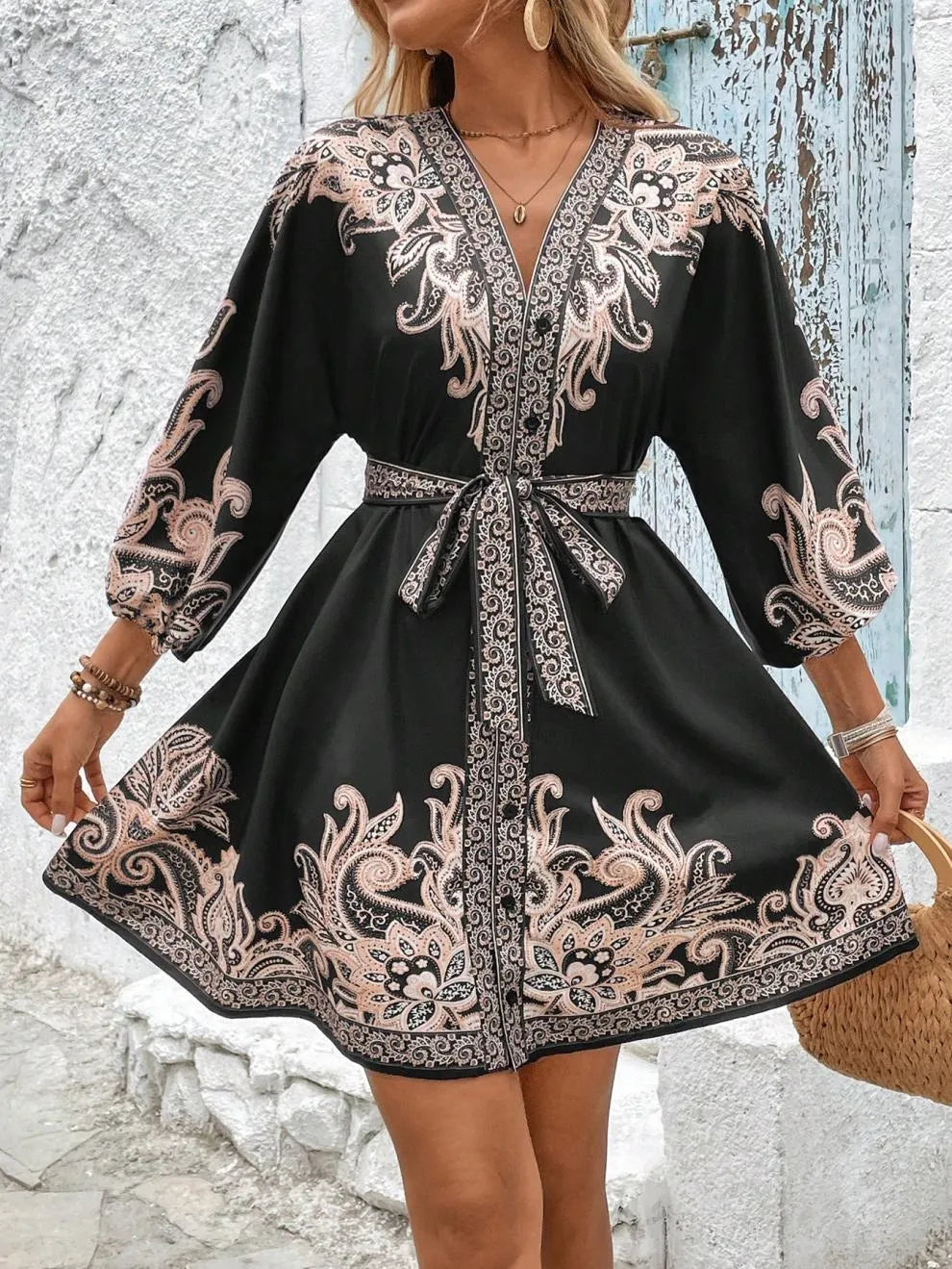Paisley V-Neck 3/4 Sleeve Mini Dress - Draped in Grace