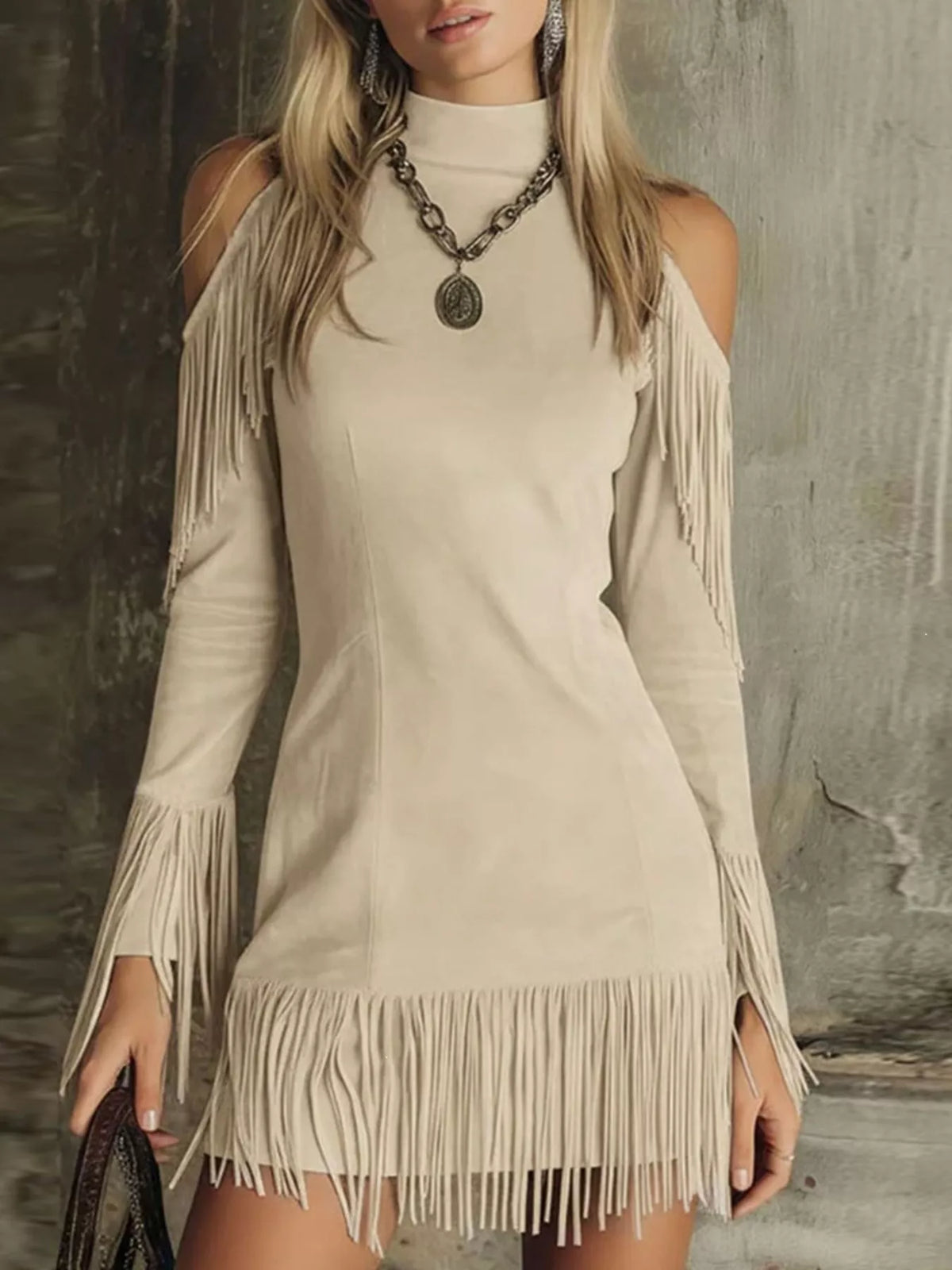 Fringed Cold Shoulder Mini Dress - Draped in Grace