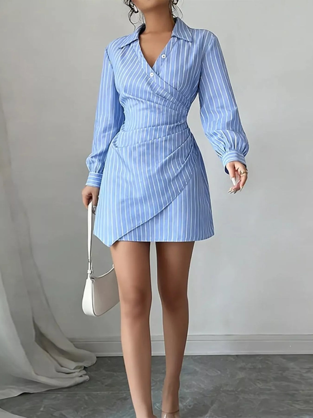 Full Size Striped Long Sleeve Shirt Dress Plus Size - Draped in Grace