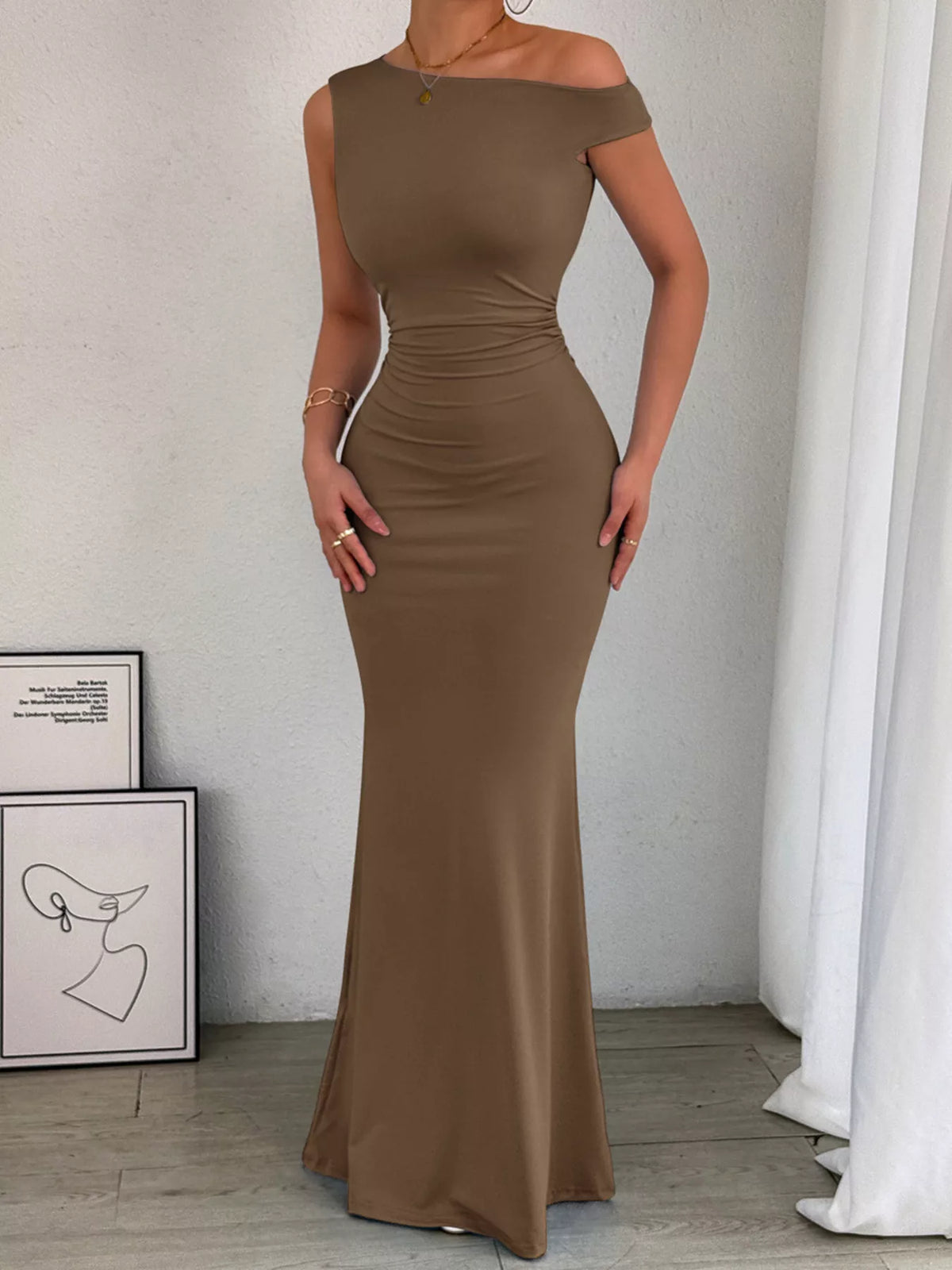 One-Shoulder Ruched Bodycon Maxi Dress - Draped in Grace