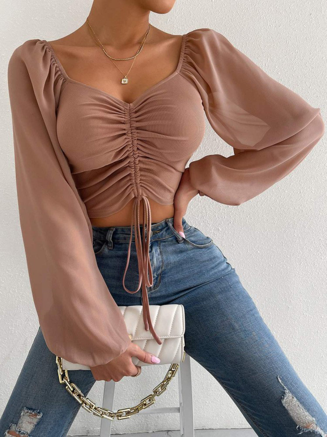 Drawstring Sweetheart Neck Cropped Top - Draped in Grace