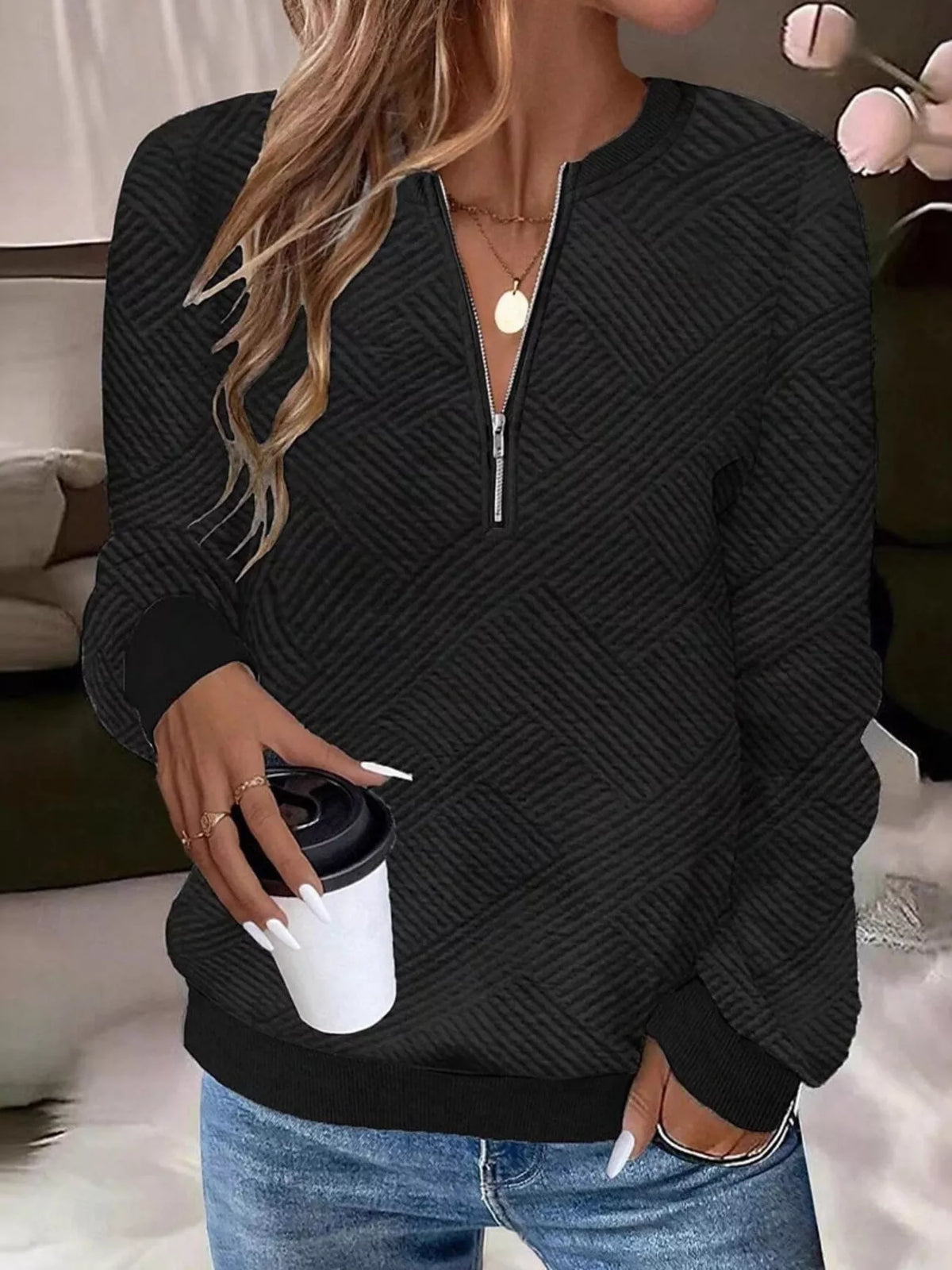Textured Quarter-Zip Sweatshirt - Draped in Grace