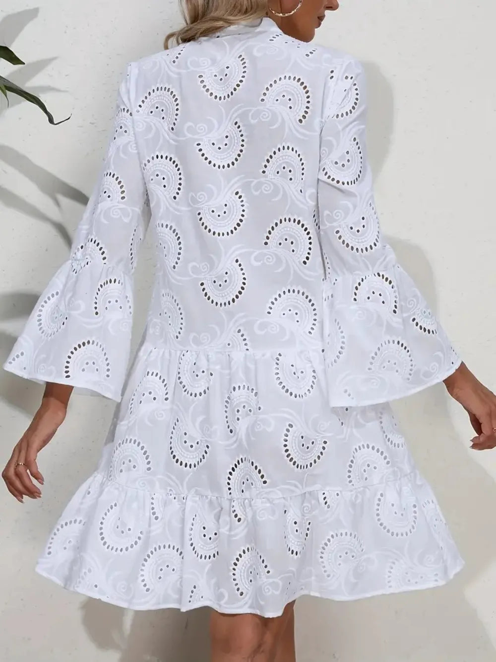 Ruffle Hem Eyelet Notched Long Sleeve Dress - Draped in Grace