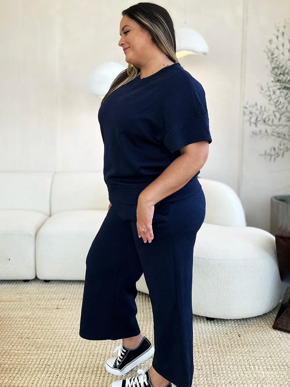 Double Take Full Size Texture Short Sleeve Top and Pants Set - Draped in Grace
