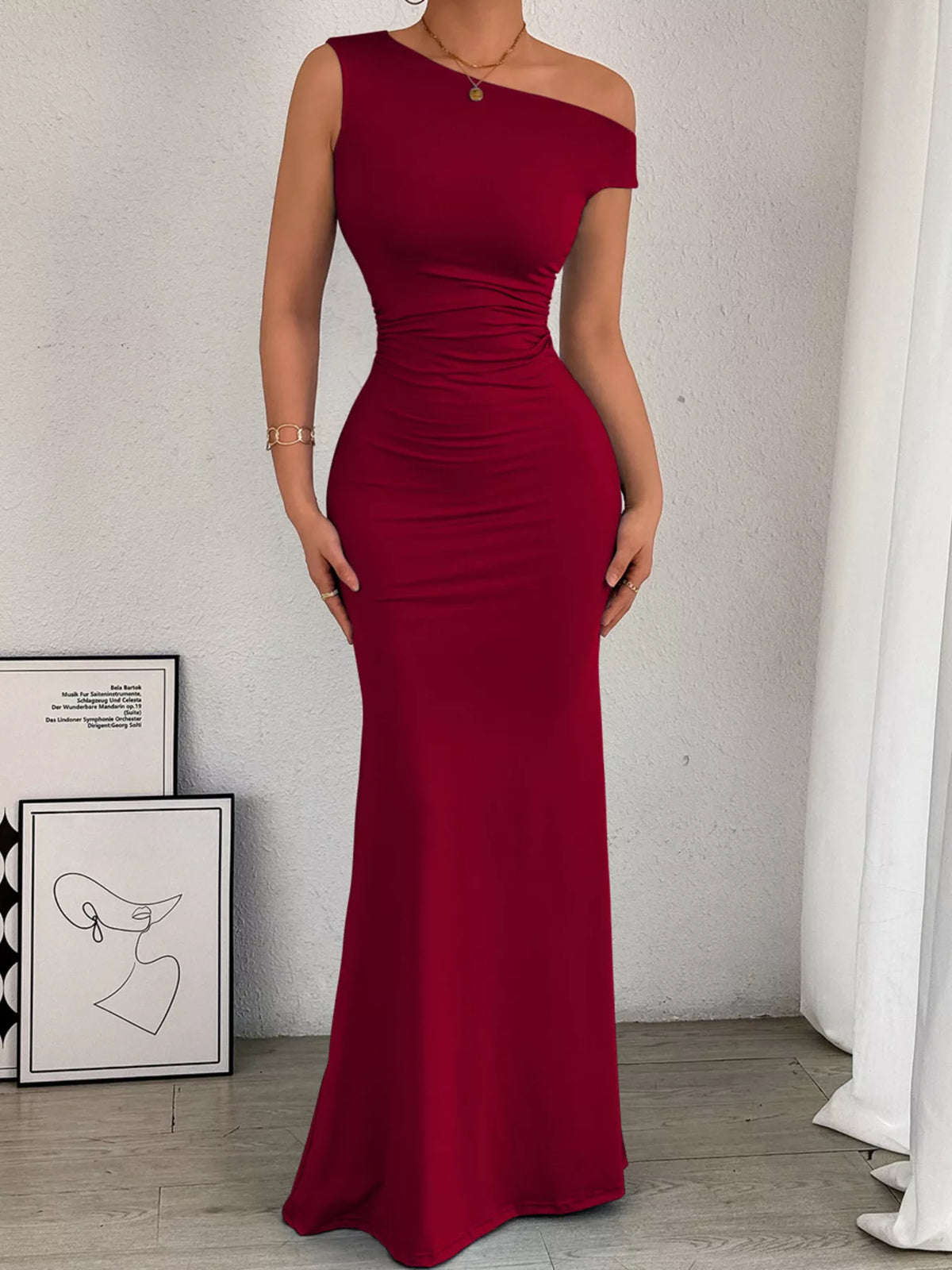 One-Shoulder Ruched Bodycon Maxi Dress - Draped in Grace