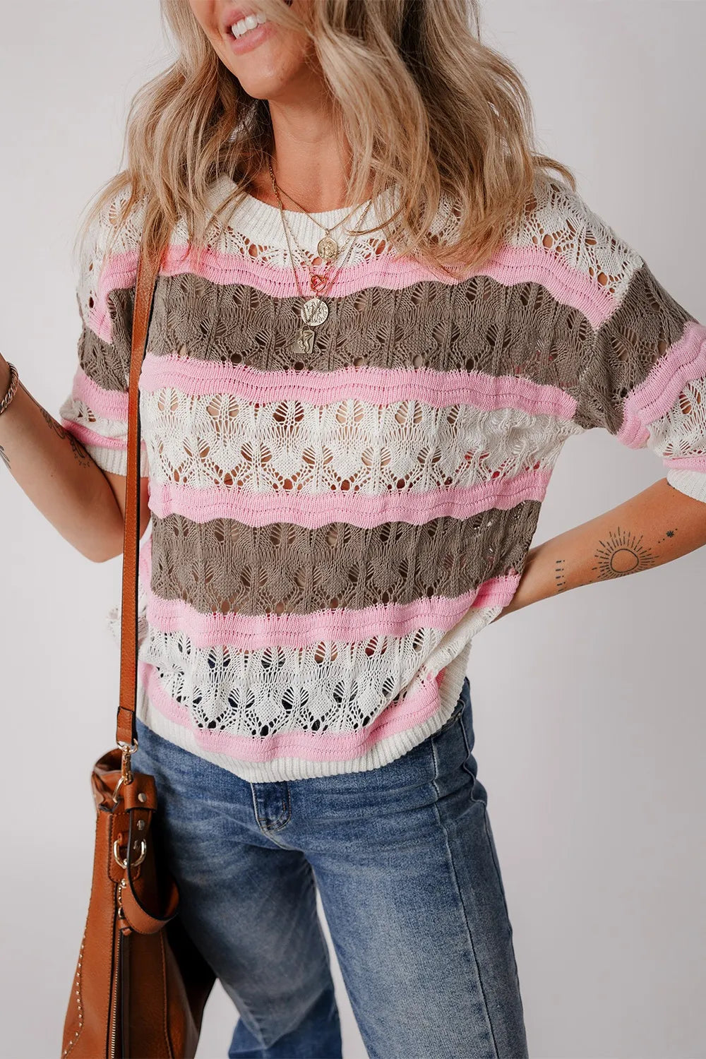 Color Block Openwork Half Sleeve Sweater - Draped in Grace