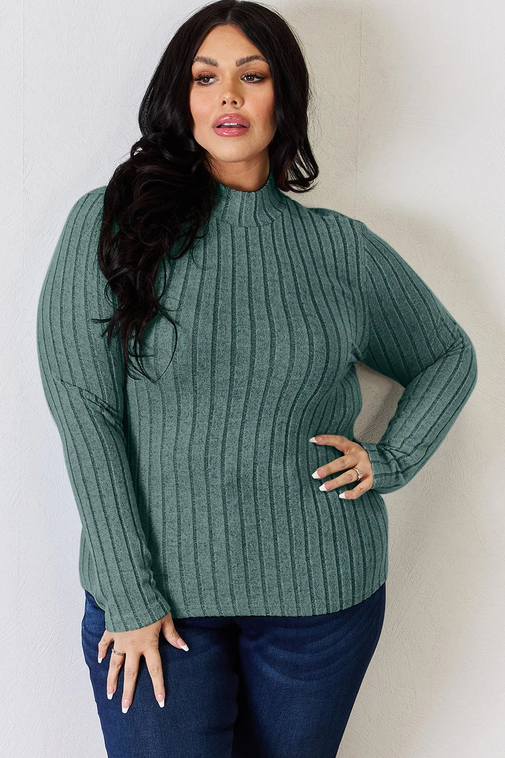 Basic Bae Full Size Ribbed Mock Neck Long Sleeve T-Shirt - Draped in Grace