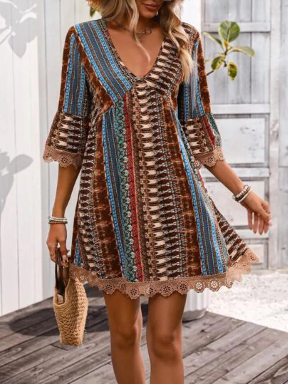 Lace Trim Printed V-Neck 3/4 Sleeve Dress - Draped in Grace
