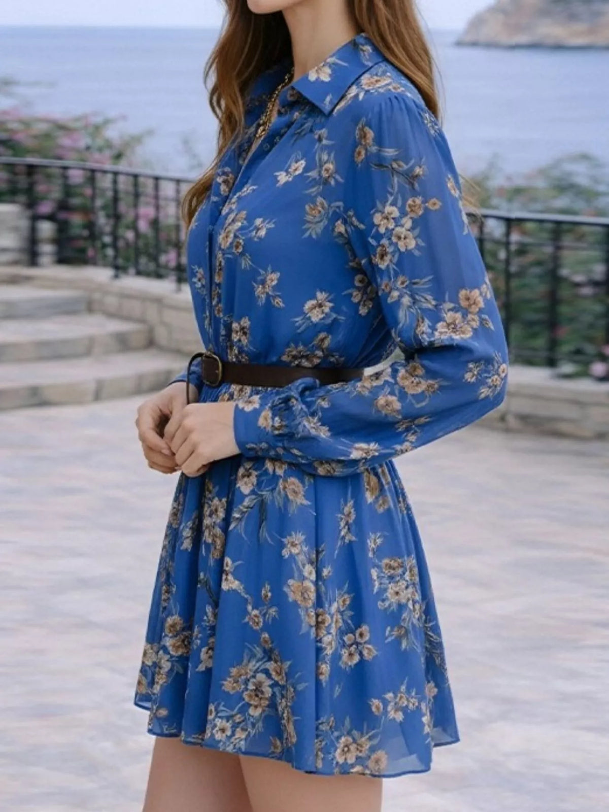 Full Size Floral Print Long Sleeve Shirt Dress Plus Size - Draped in Grace