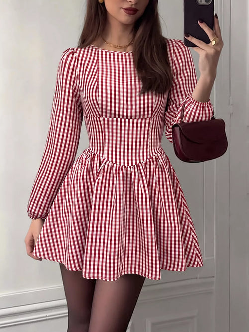 Backless Plaid Long Sleeve Dress - Draped in Grace