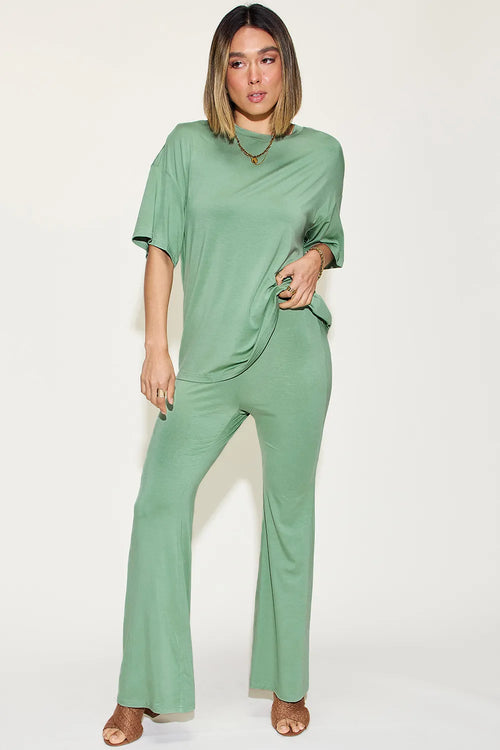Basic Bae Full Size Bamboo Drop Shoulder T-Shirt and Flare Pants Set - Draped in Grace