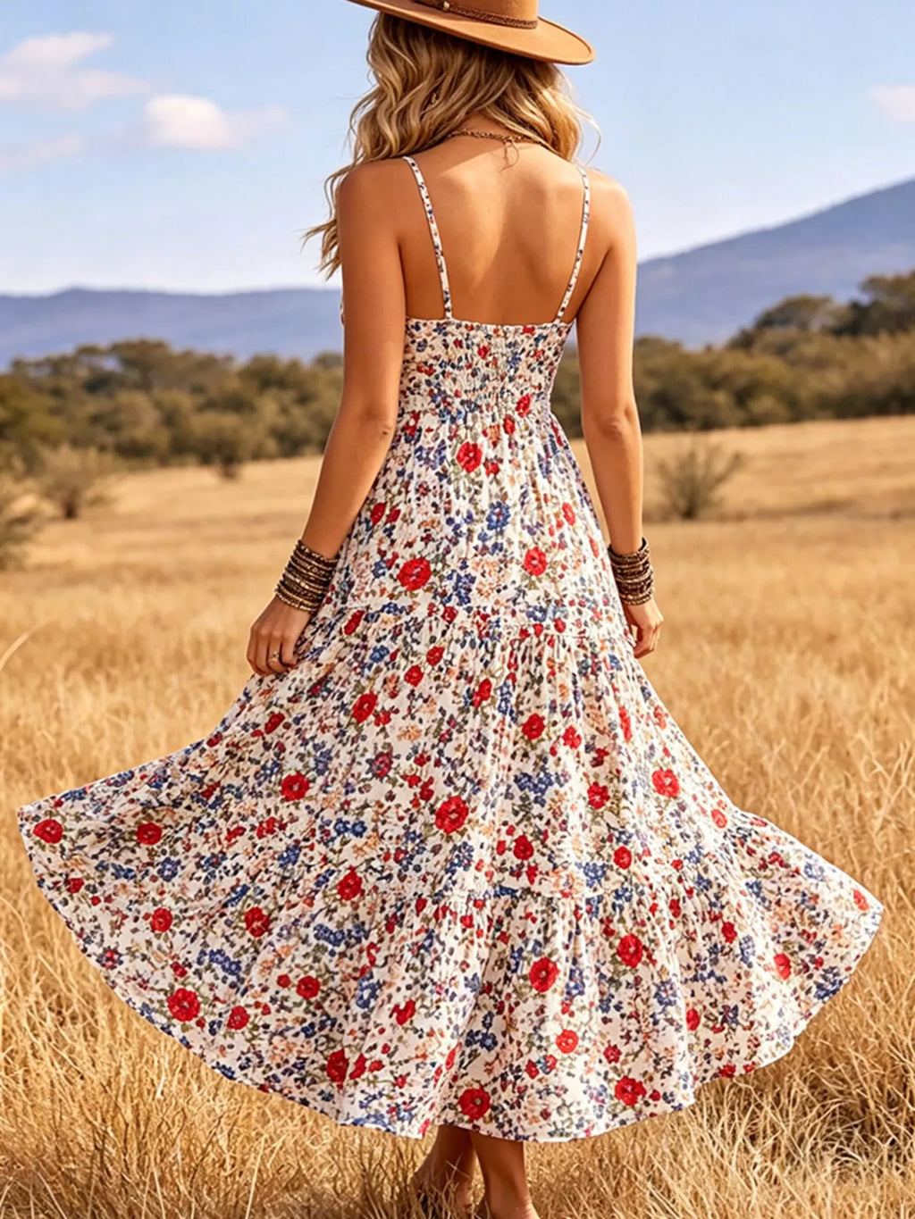 Floral Print V-Neck Midi Dress - Draped in Grace