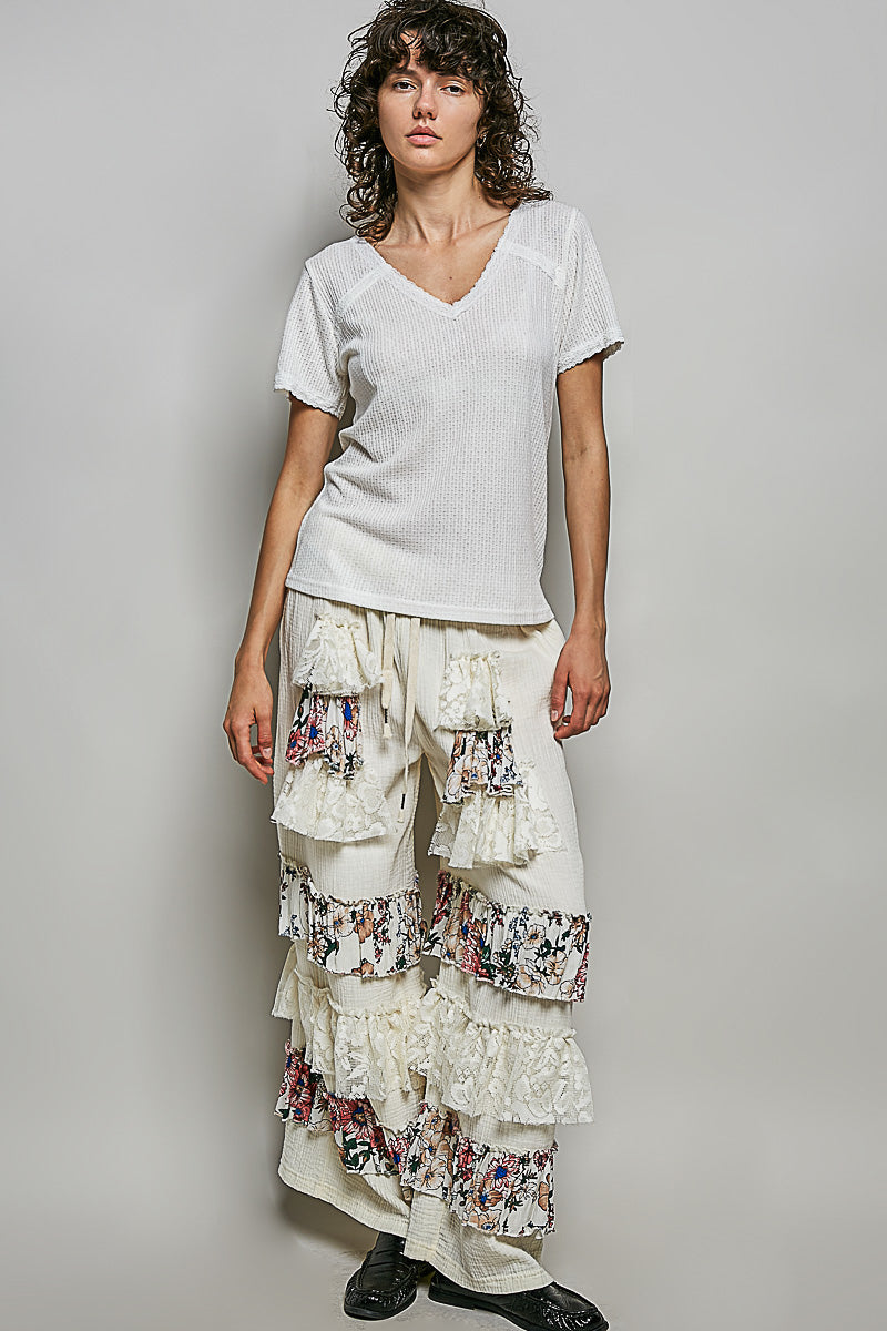 POL Lace Detail V-Neck Short Sleeve Textured T-Shirt - Draped in Grace