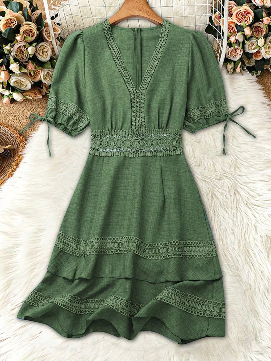 Lace Detail V-Neck Mini Dress - Draped in Grace