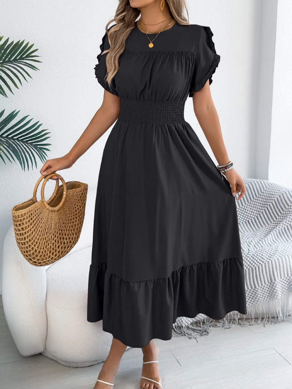 Smocked Frill Round Neck Midi Dress - Draped in Grace