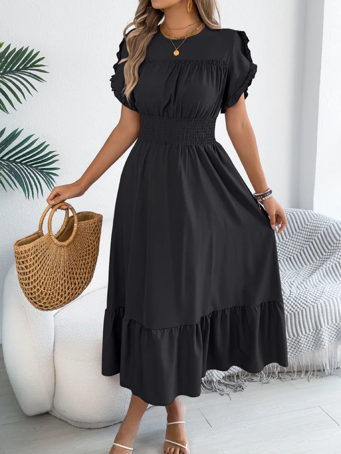 Smocked Frill Round Neck Midi Dress - Draped in Grace
