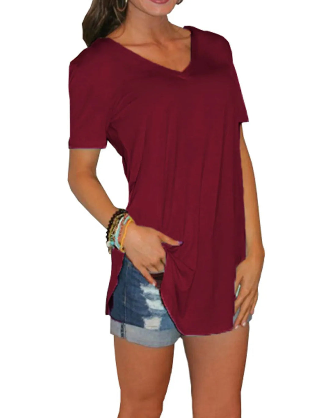 Full Size Solid V-Neck Short Sleeve T-Shirt Plus Size - Draped in Grace