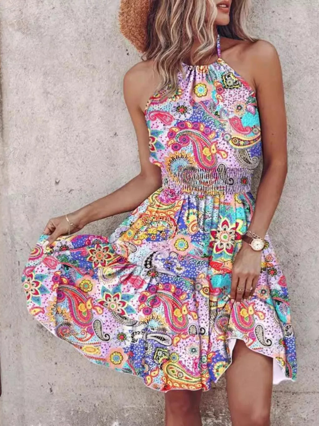 Smocked Printed Halter Neck Mini Dress - Draped in Grace