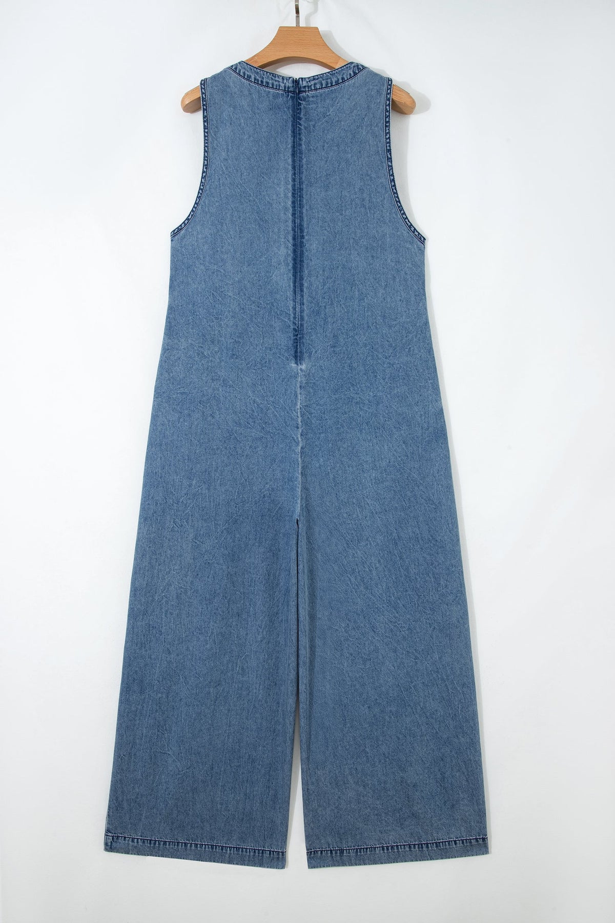 Dusk Blue Acid-Wash Denim Wide-Leg Jumpsuit