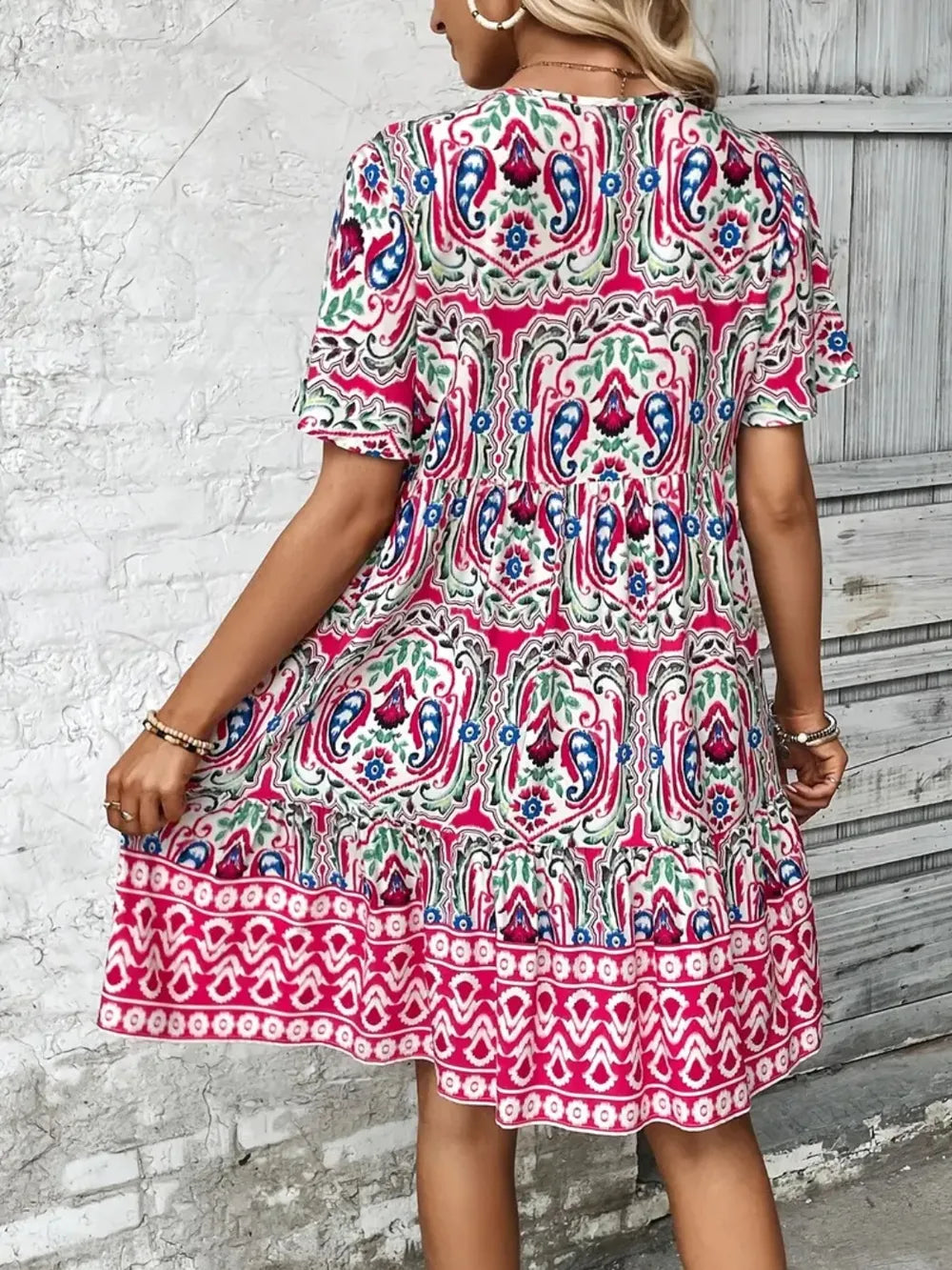 Printed Tie Neck Short Sleeve Dress - Draped in Grace