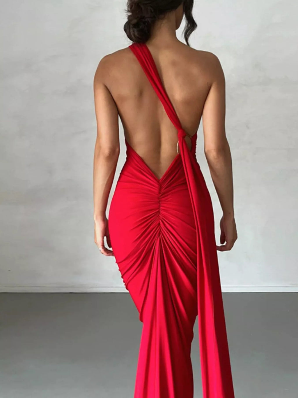 Backless One-Shoulder Ruched Bodycon Maxi Dress - Draped in Grace
