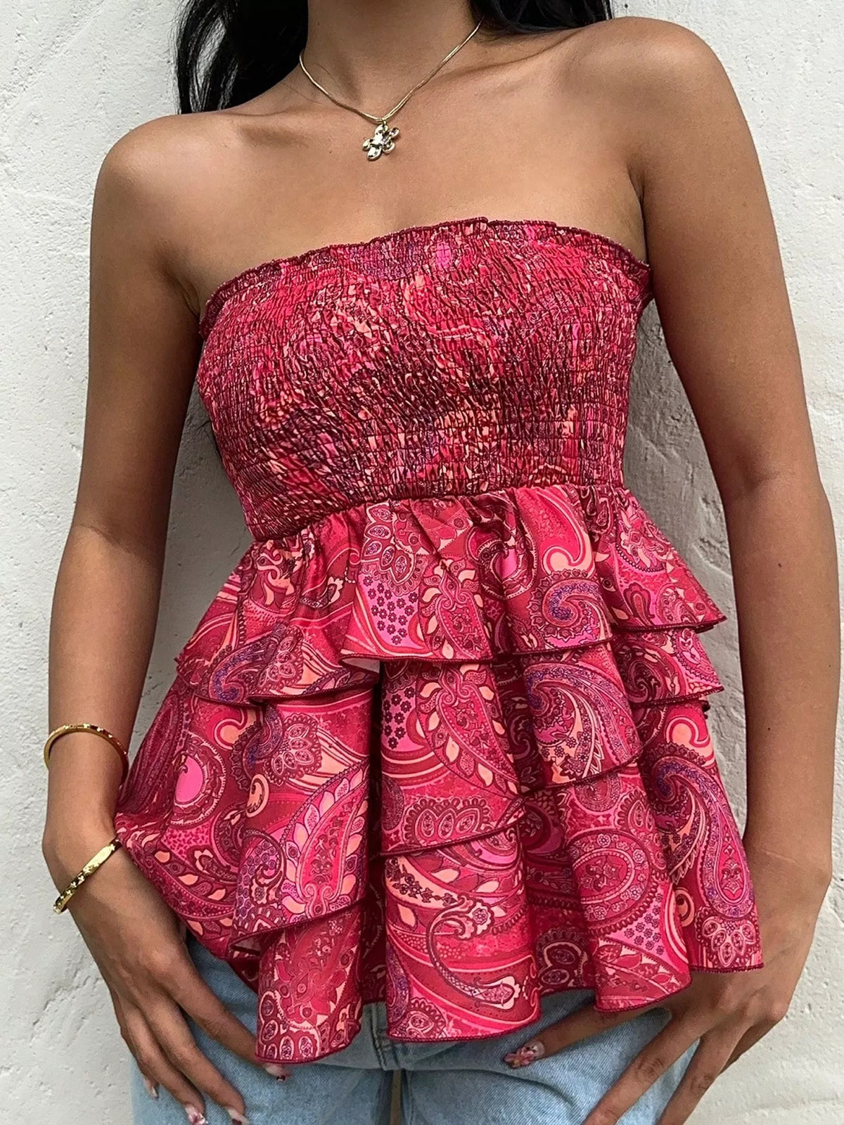 Smocked Layered Paisley Print Tube Top - Draped in Grace