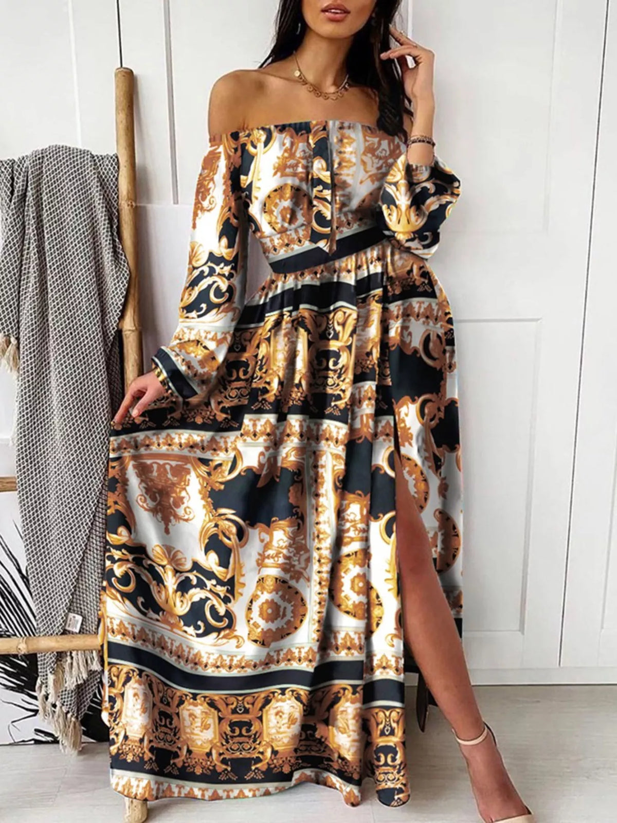Slit Printed Off Shoulder Maxi Dress - Draped in Grace