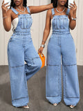 Wide Strap Wide Leg Denim Overalls - Draped in Grace