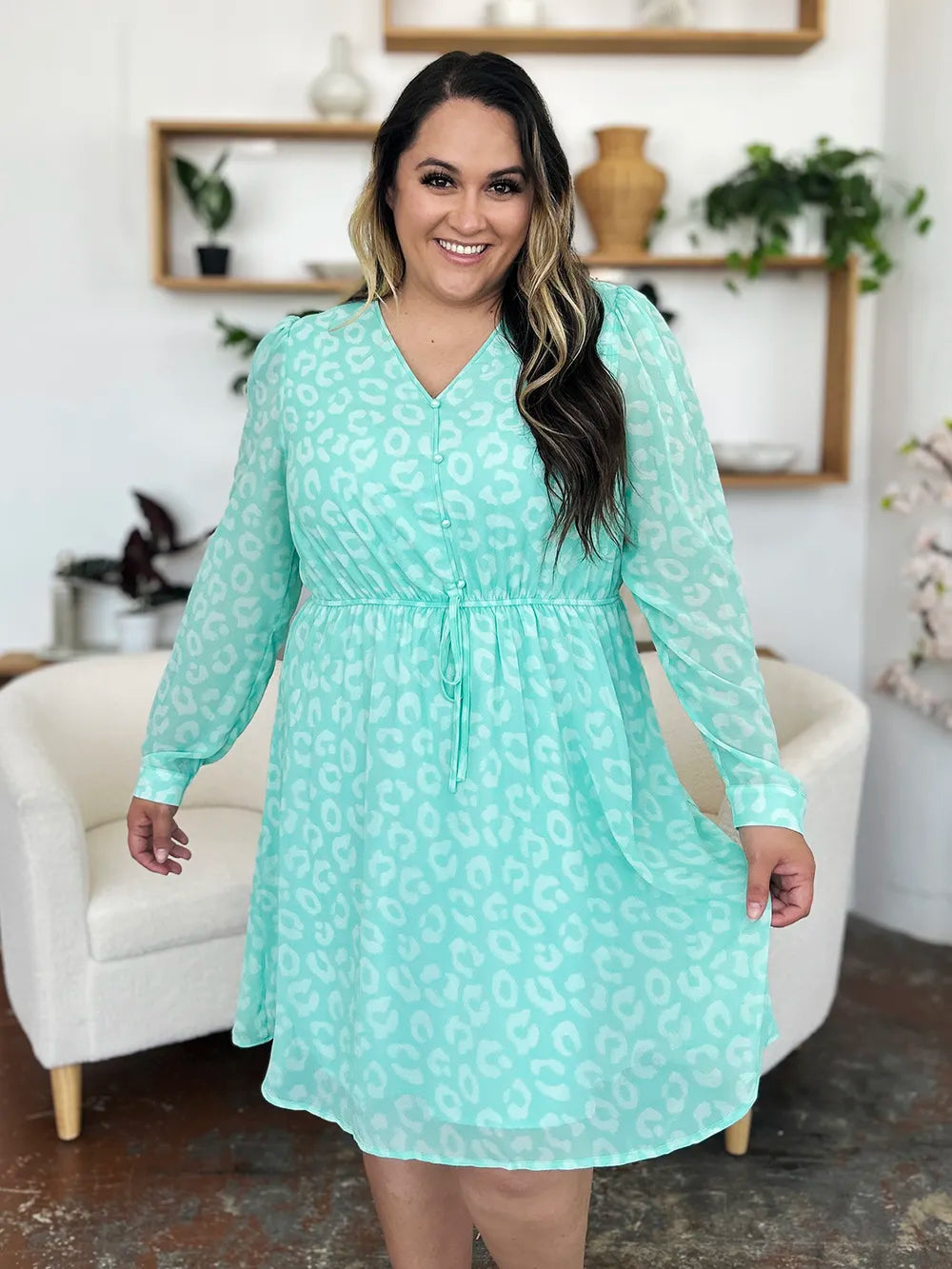Double Take Full Size Printed Ruched V-Neck Long Sleeve Dress - Draped in Grace