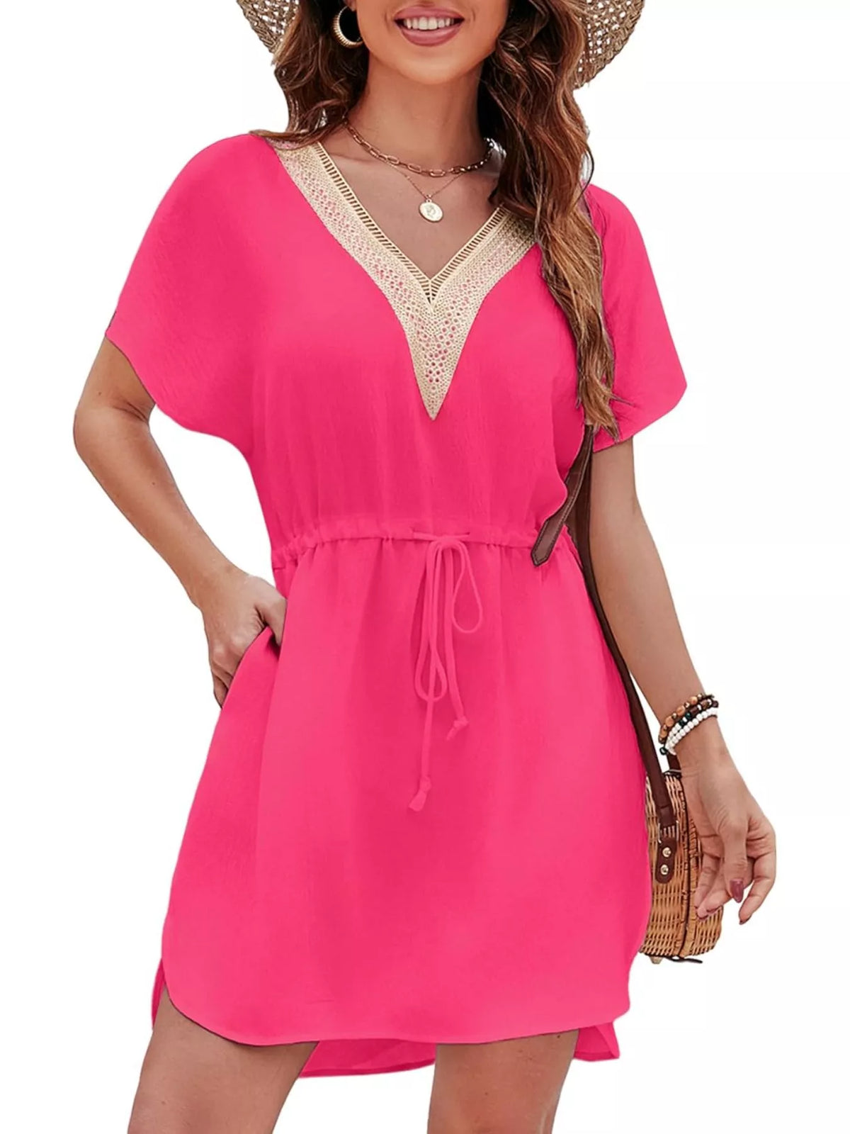 Drawstring Waist V-Neck Mini Dress - Draped in Grace