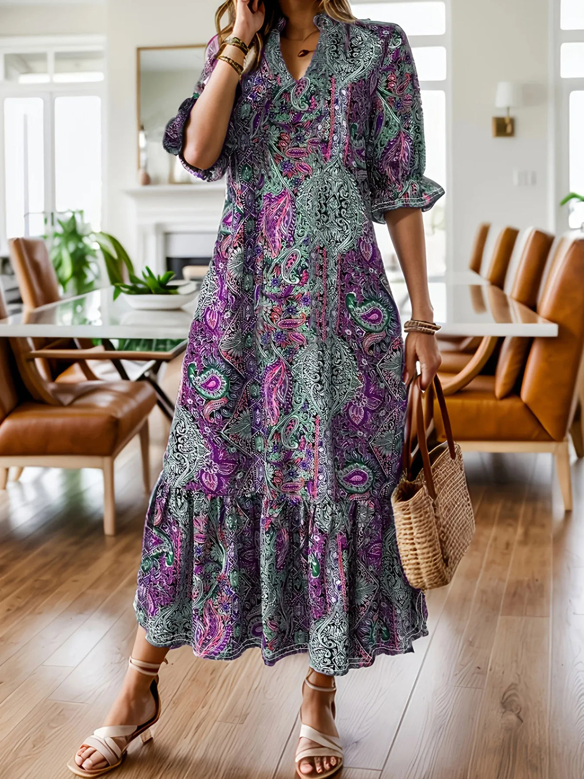 Full Size Bohemian Paisley Print Ruffle Hem Midi Dress Plus Size - Draped in Grace