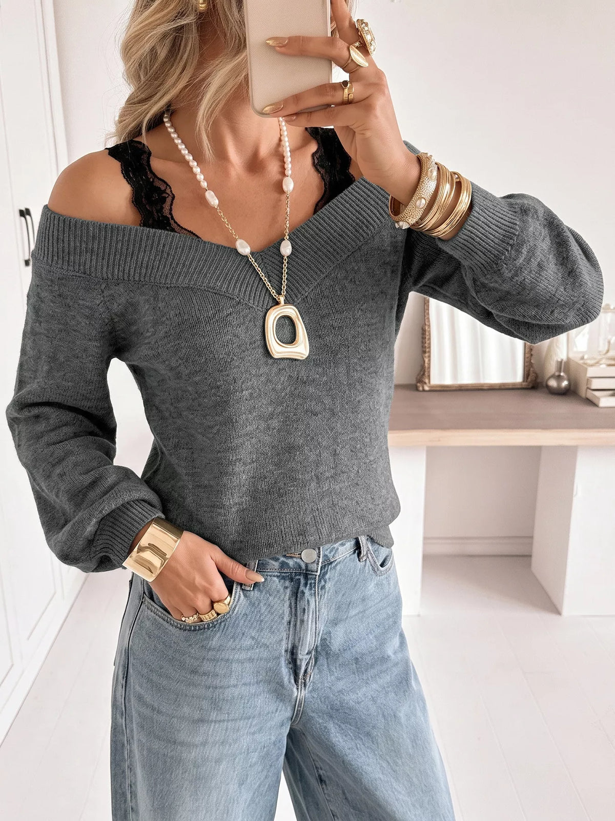 Off-Shoulder Lace Trim Sweater - Draped in Grace