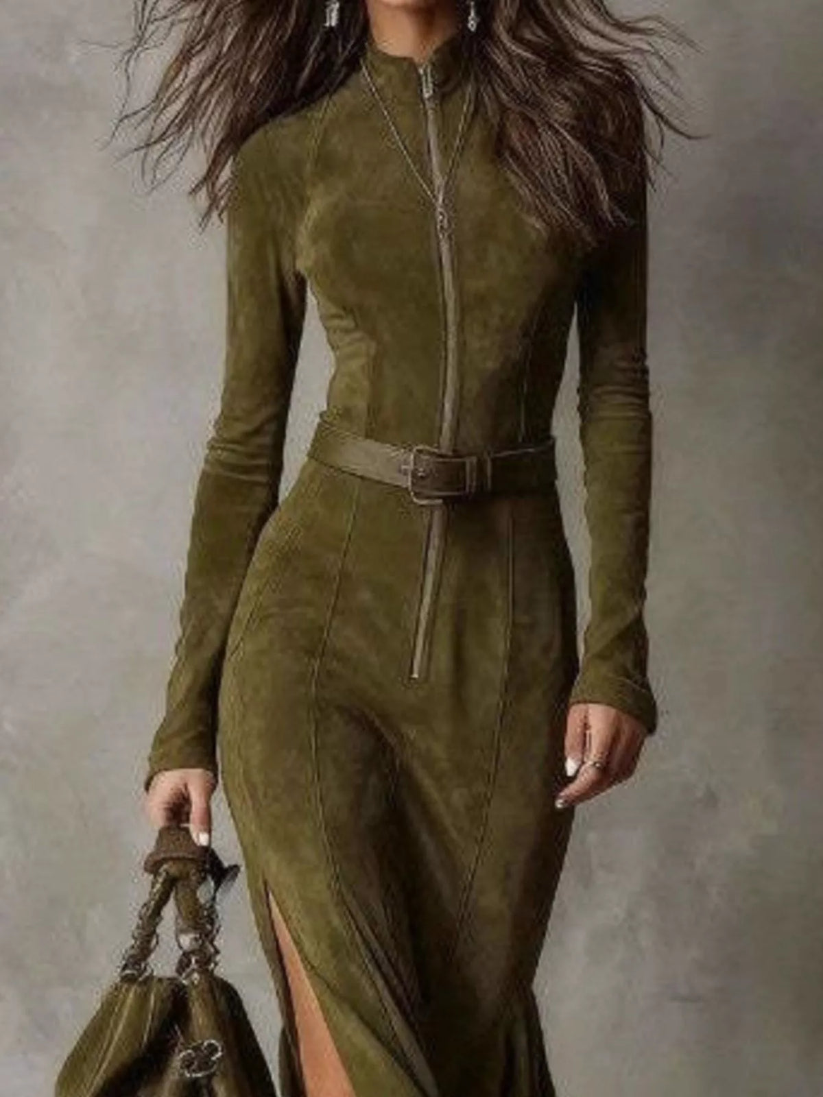 Full Size Slit Zip-Front Long Sleeve Maxi Dress with Belt Plus Size - Draped in Grace