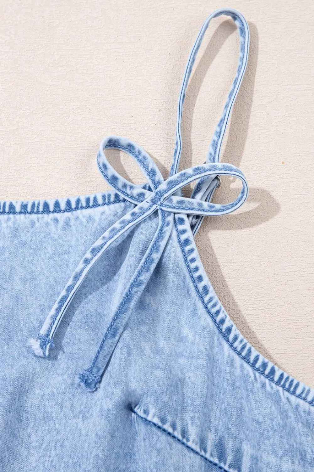 Bow Detail Spaghetti Straps Ruffle Hem Denim Dress - Draped in Grace