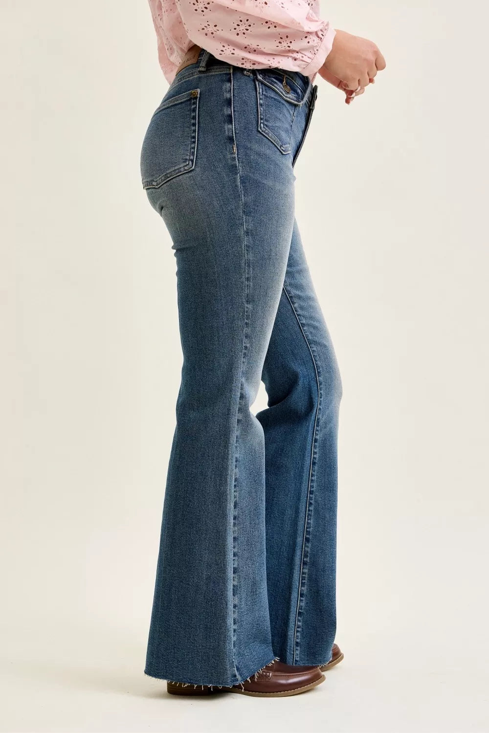 Judy Blue Mid Rise Flare Jeans with Front Flap Pockets - Draped in Grace