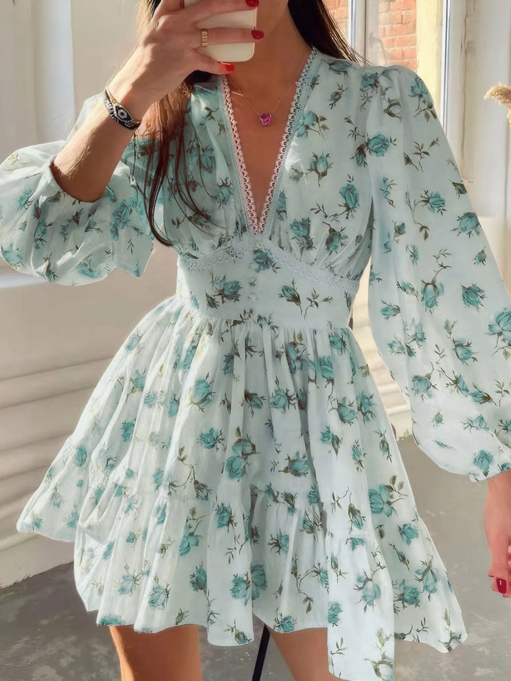 Full Size Floral Print Lace Detail V-Neck Mini Dress Plus SIze - Draped in Grace