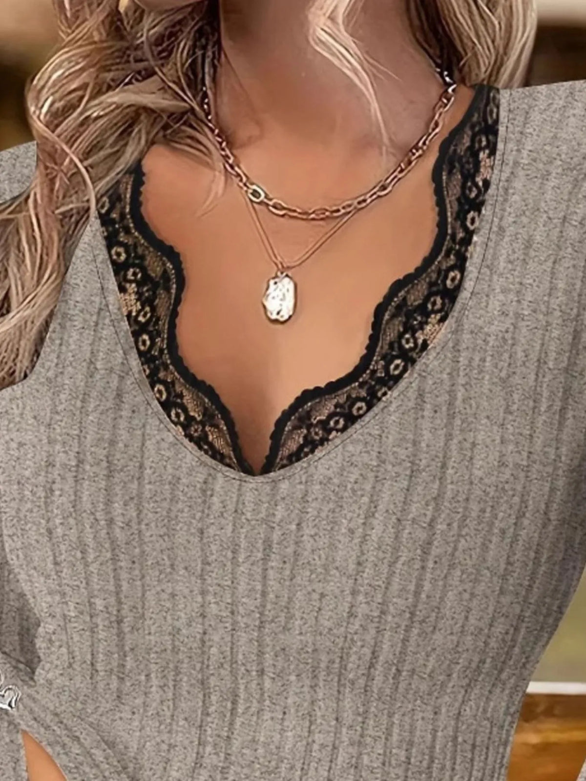 Full Size Ribbed V-Neck Lace Trim Long Sleeve T-Shirt Plus Size - Draped in Grace