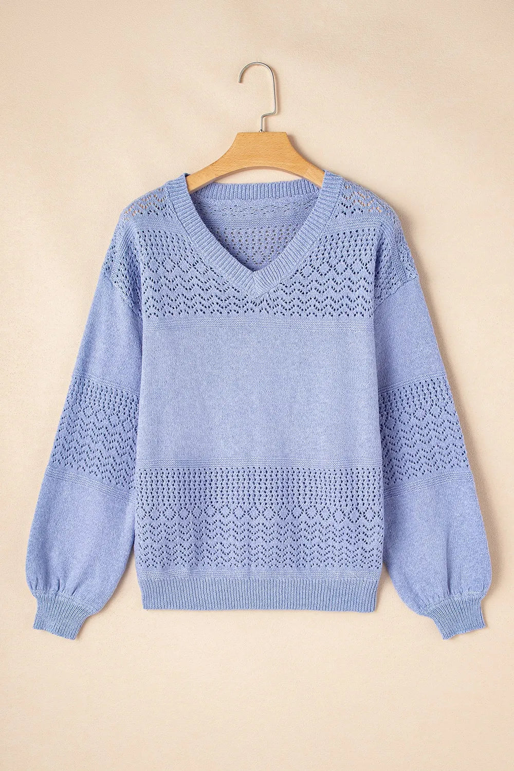 Openwork V-Neck Long Sleeve Sweater - Draped in Grace