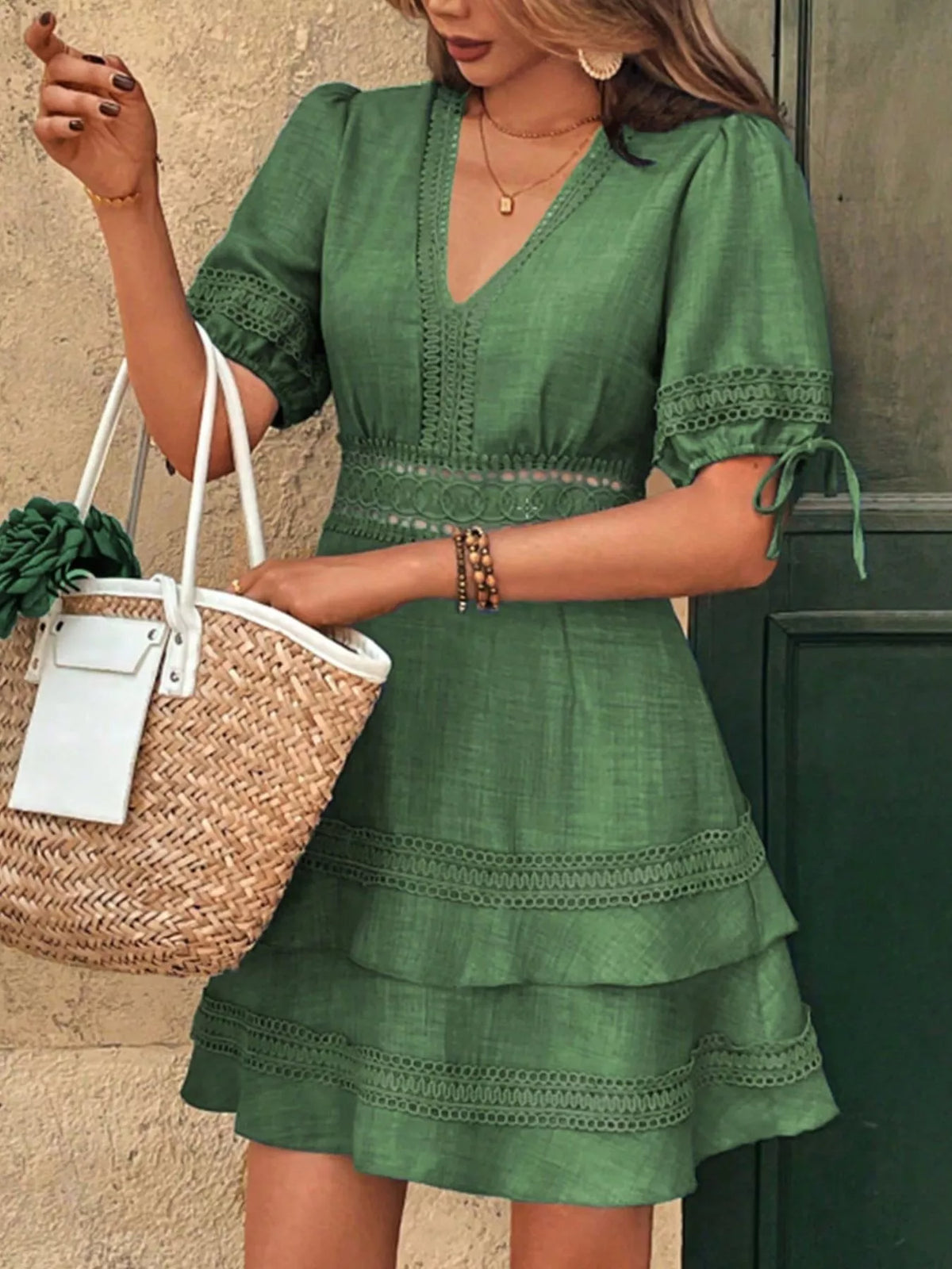 Lace Detail V-Neck Mini Dress - Draped in Grace