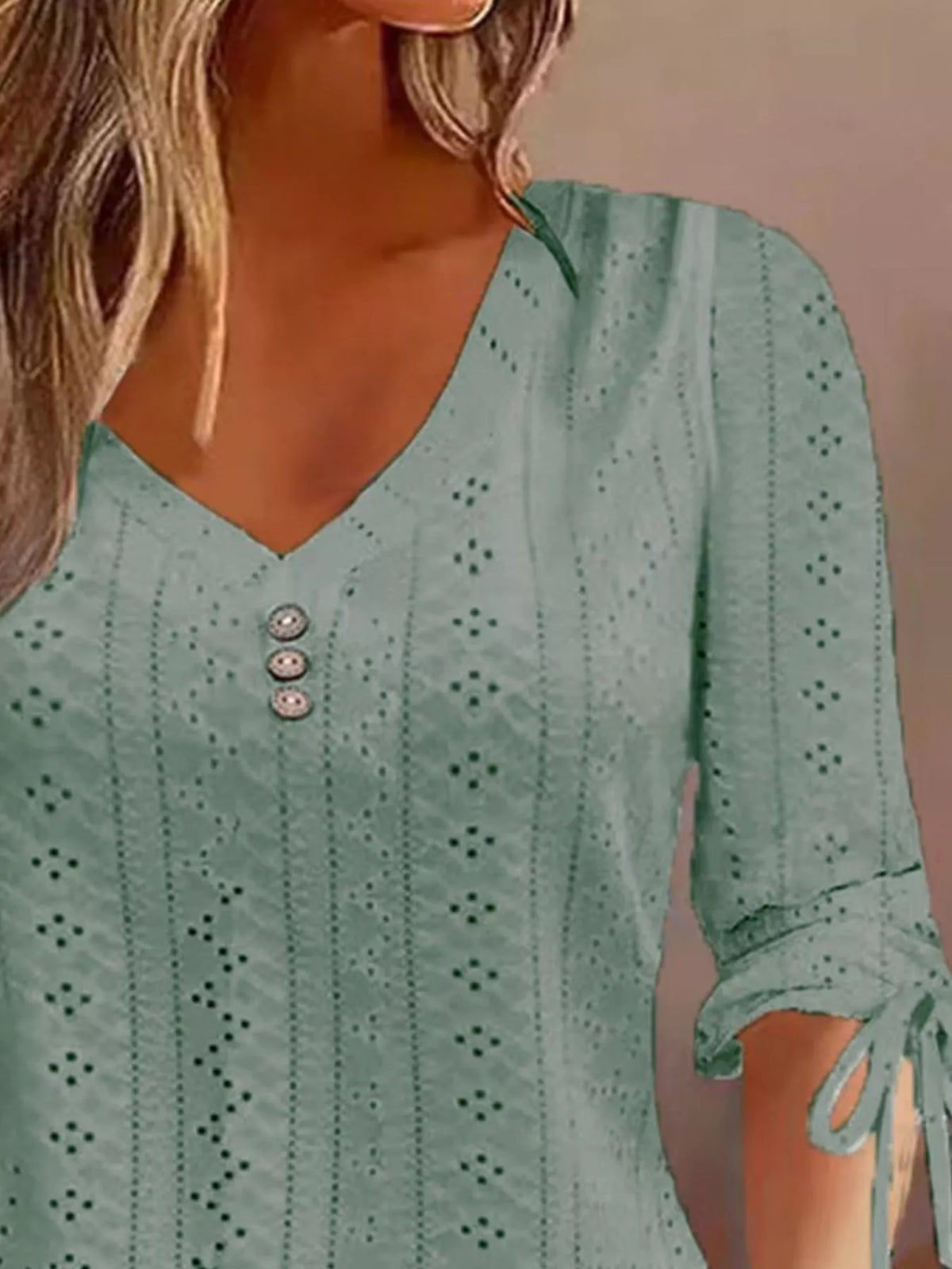 Full Size V-Neck Eyelet Drawstring Sleeve Top Plus Size - Draped in Grace