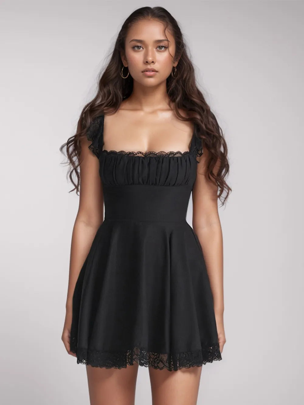 Lace Detail Square Neck Cap Sleeve Mini Dress - Draped in Grace