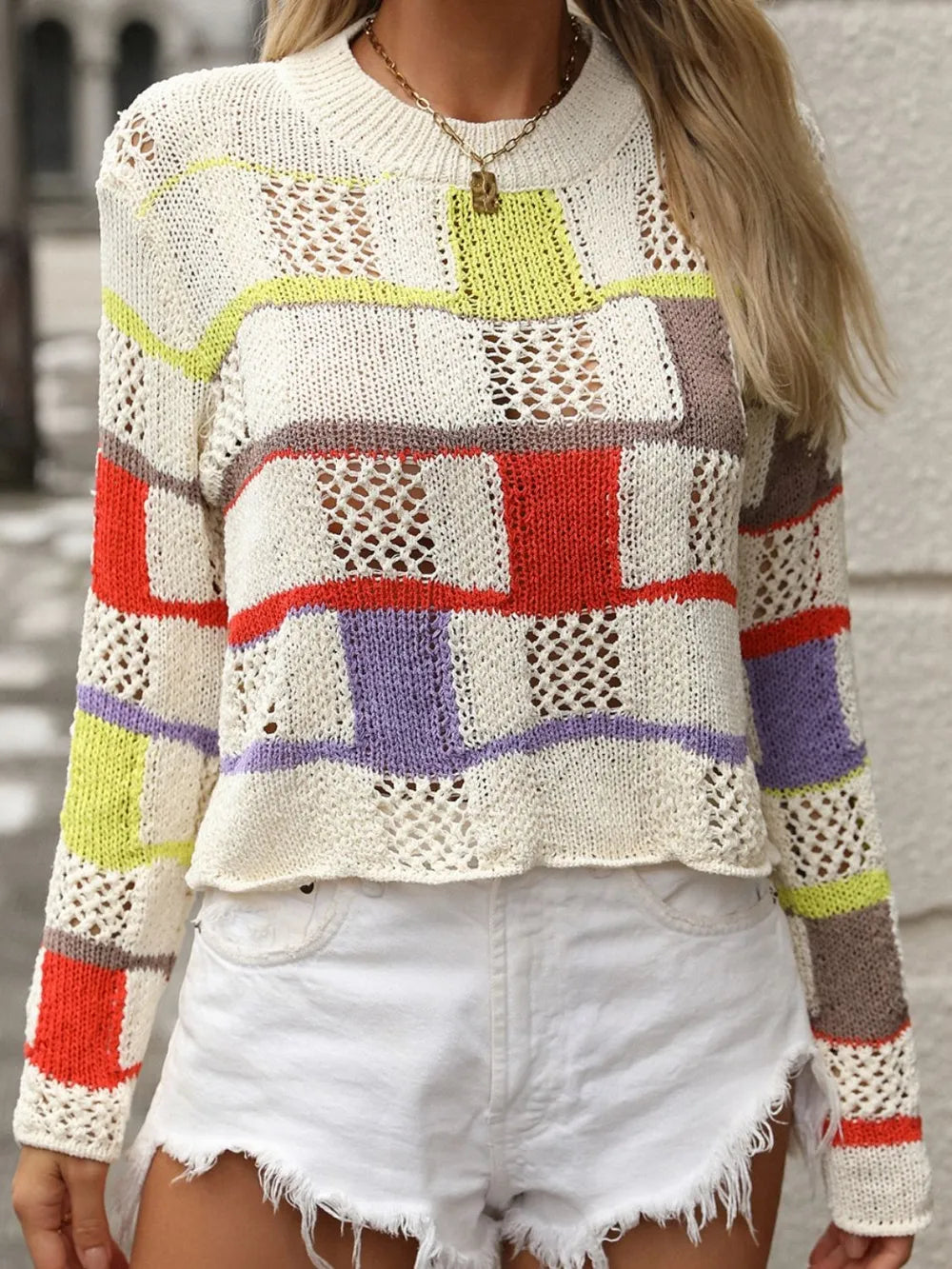 Openwork Color Block Round Neck Sweater - Draped in Grace