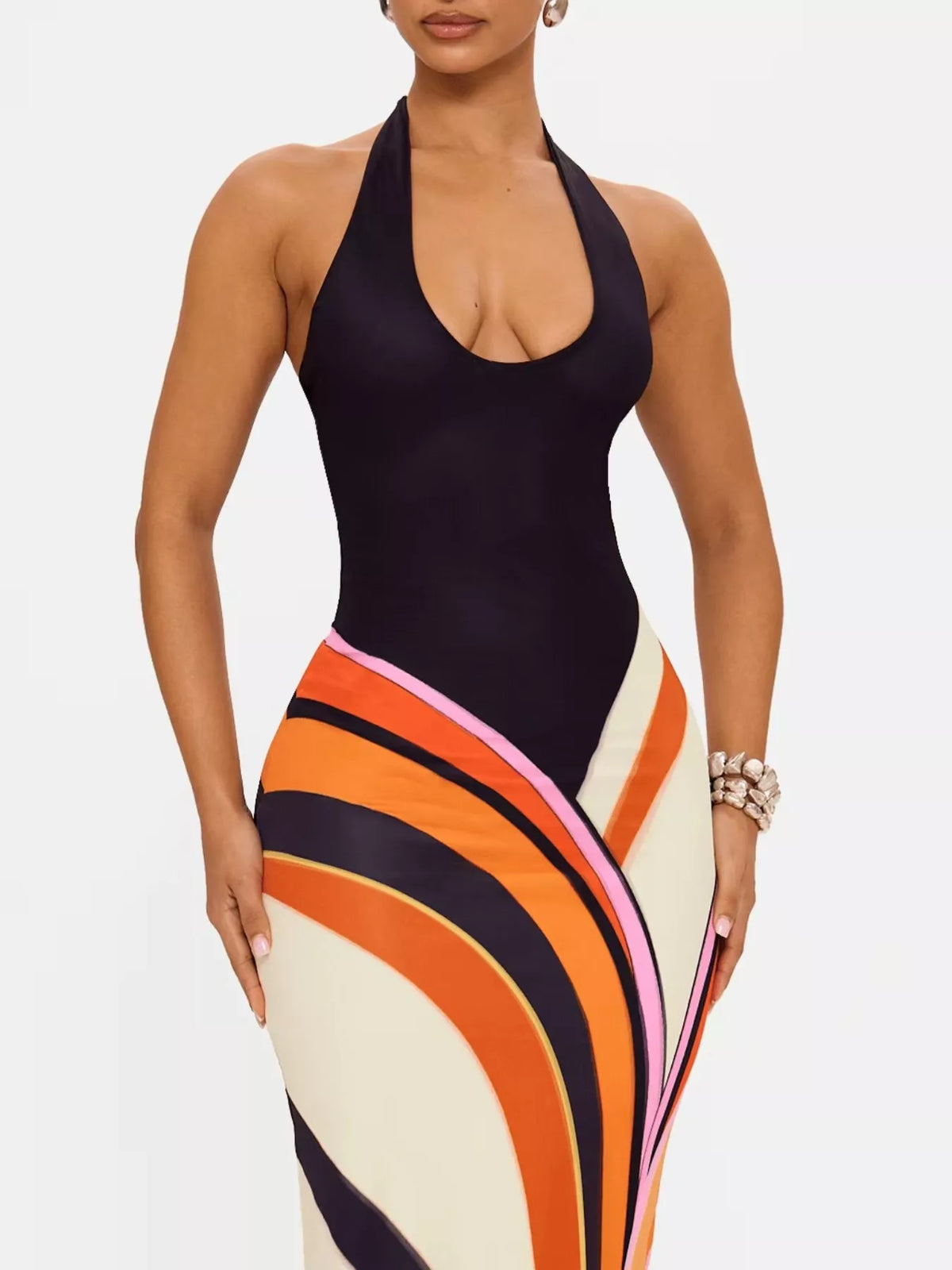 Halter Neck Maxi Dress with Abstract Print - Draped in Grace