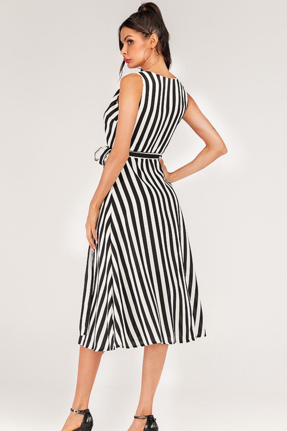 Striped Surplice Tied Sleeveless Dress - Draped in Grace