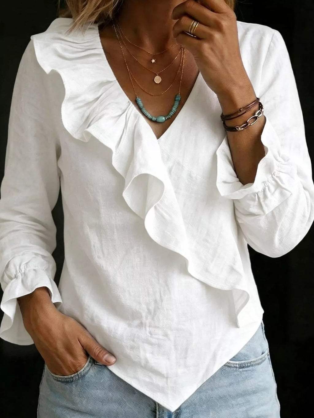 Full Size Ruffled Long Sleeve Blouse Plus Size - Draped in Grace