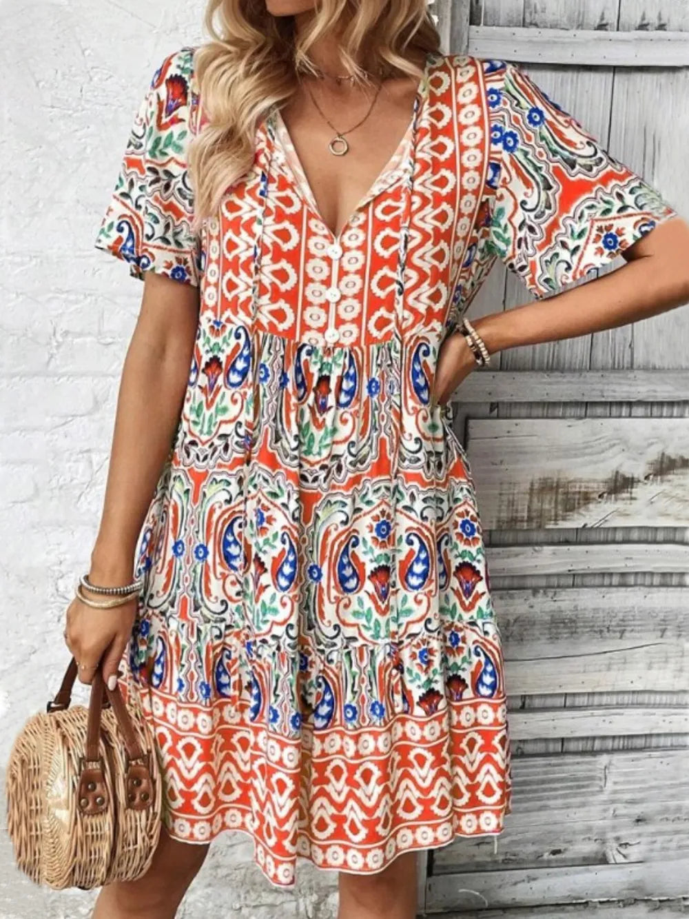 Printed Tie Neck Short Sleeve Dress - Draped in Grace