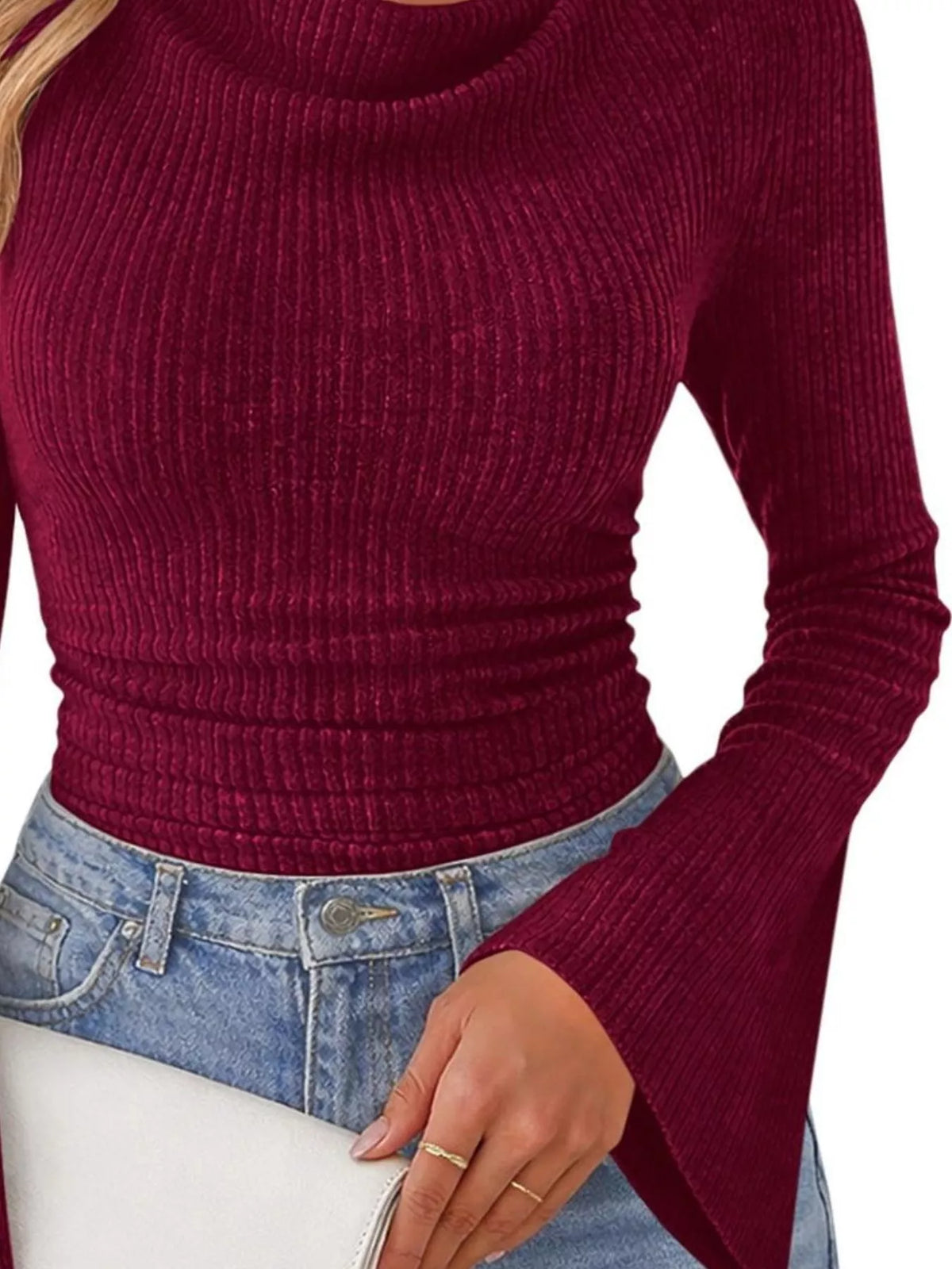 Ribbed Knit Cowl Neck Flared Sleeves Top - Draped in Grace