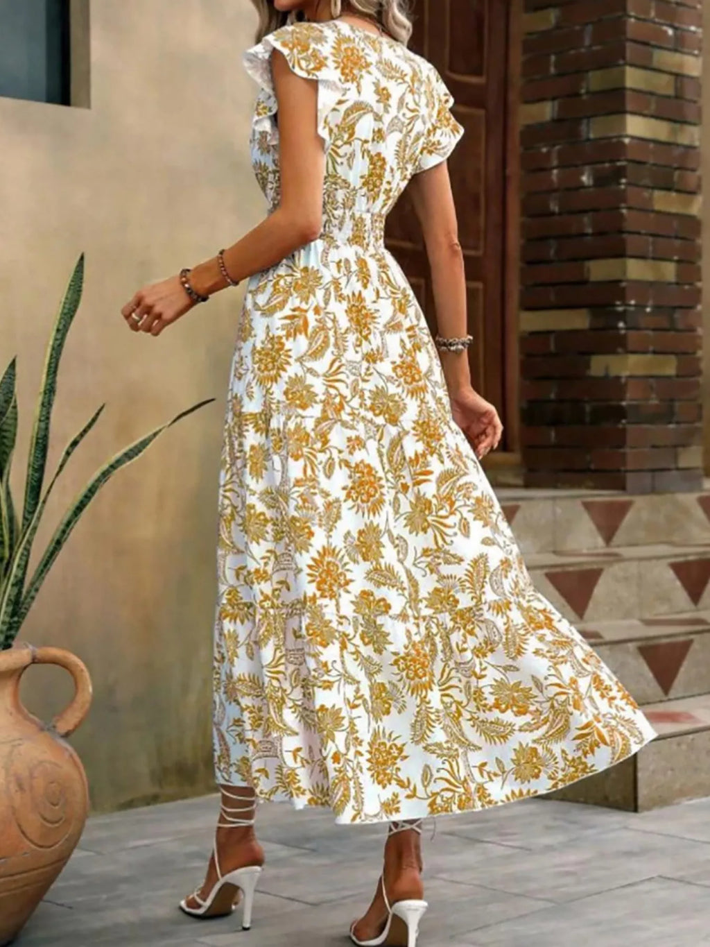 Floral Print Ruffle Sleeve Midi Dress - Draped in Grace