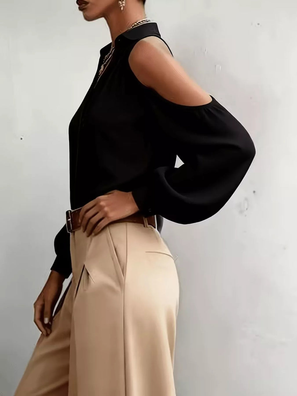 Cold-Shoulder Button-Down Shirt - Draped in Grace